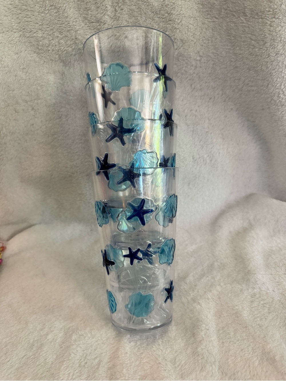 Clear Acrylic Tumblers with Light and Dark Blue Starfish & Shell Accents